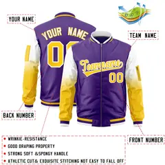 Purple White-Gold Gradient Full-Zip Letterman Bomber Jacket 2