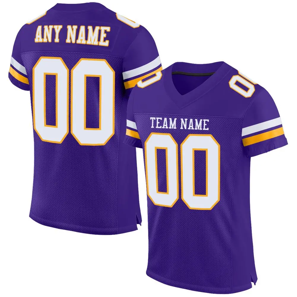 Purple White-Gold Mesh Football Jersey