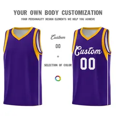Purple White-Gold Sleeve Color Block Basketball Jersey 3