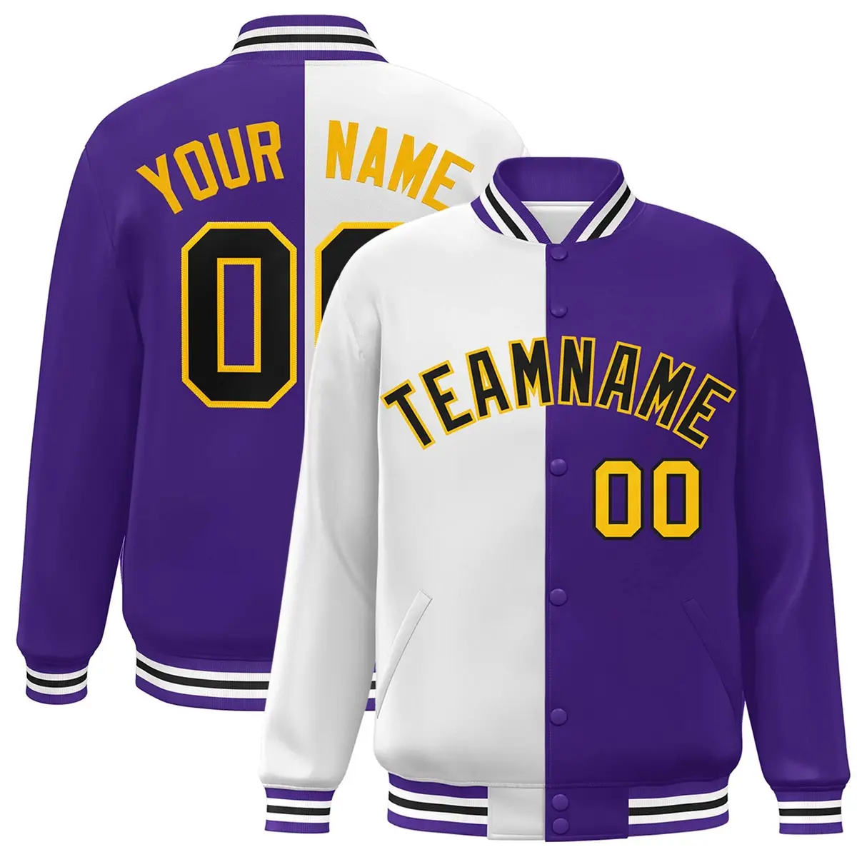 Purple White-Gold Split Two Tone Letterman Varsity Full-Snap Jacket