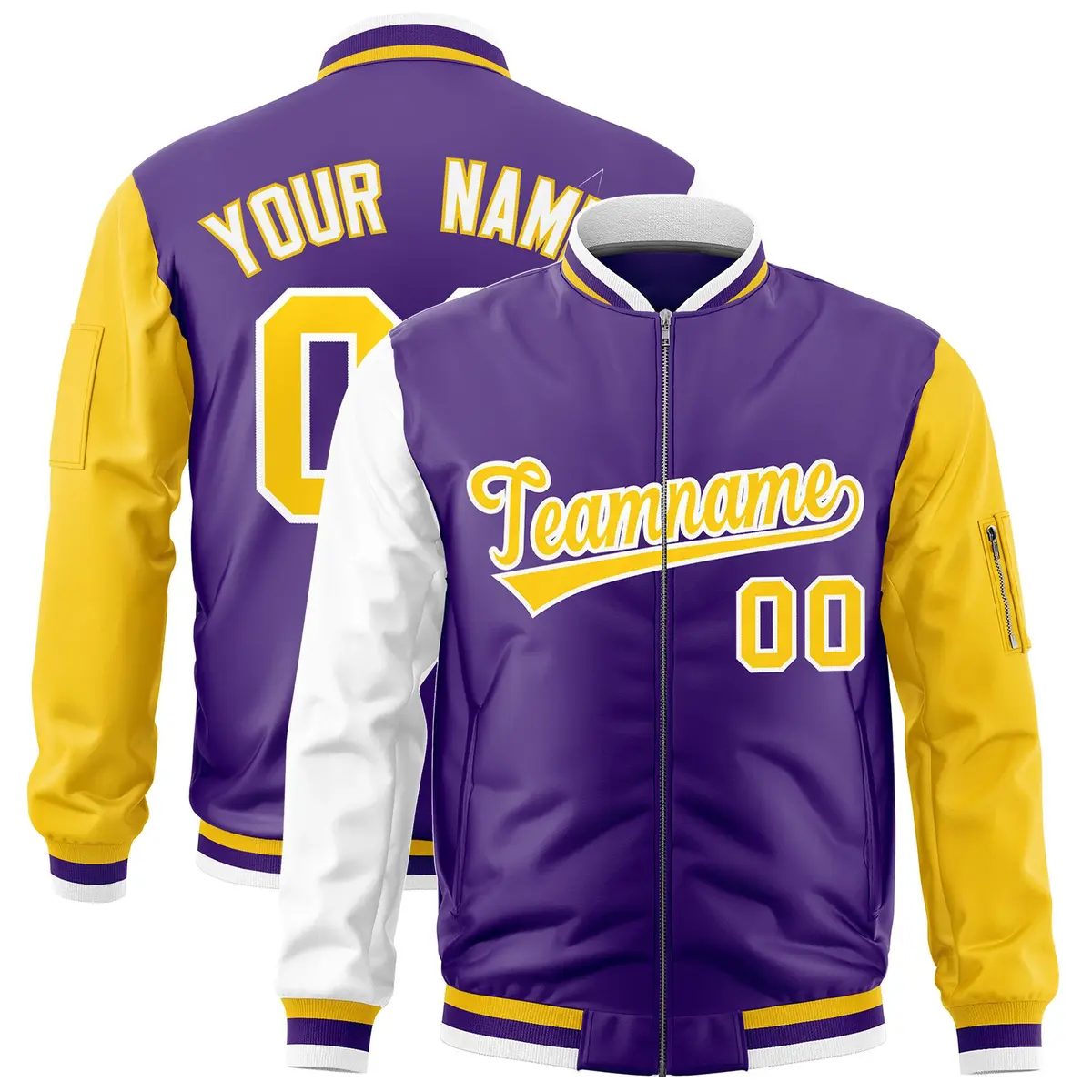 Purple White Gold Varsity Letterman Bomber Jacket Full-Zip Raglan Sleeves