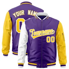 Purple White Gold Varsity Letterman Bomber Jacket Full-Zip Raglan Sleeves 1