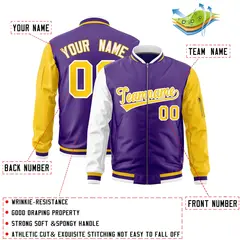 Purple White Gold Varsity Letterman Bomber Jacket Full-Zip Raglan Sleeves 2