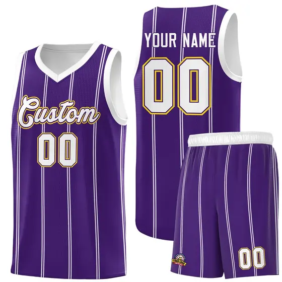 Purple White Gold Vertical Stripes Basketball Jersey Set