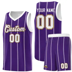 Purple White Gold Vertical Stripes Basketball Jersey Set