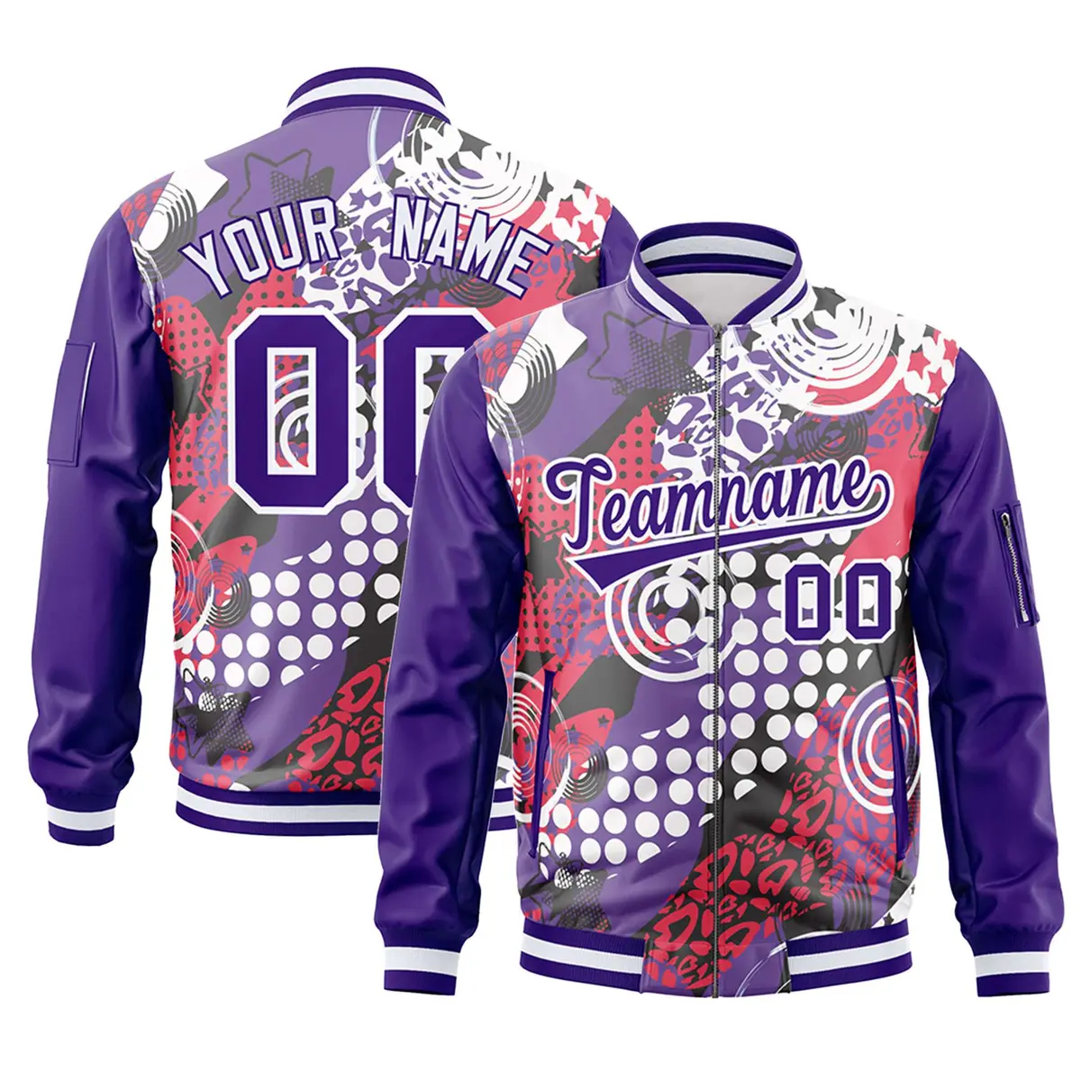 Purple White Graffiti Pattern Full-Zip Varsity Letterman Bomber Jacket