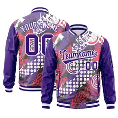 Purple White Graffiti Pattern Full-Zip Varsity Letterman Bomber Jacket