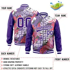 Purple White Graffiti Pattern Full-Zip Varsity Letterman Bomber Jacket 2