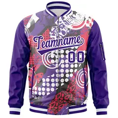 Purple White Graffiti Pattern Full-Zip Varsity Letterman Bomber Jacket 3