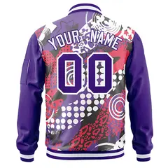 Purple White Graffiti Pattern Full-Zip Varsity Letterman Bomber Jacket 4