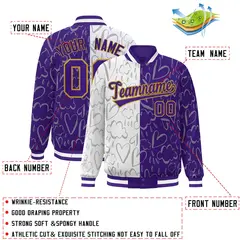 Purple White Graffiti Pattern Split Letterman Bomber Jacket 2