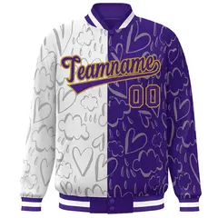 Purple White Graffiti Pattern Split Letterman Bomber Jacket 3