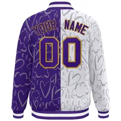 Purple White Graffiti Pattern Split Letterman Bomber Jacket 4