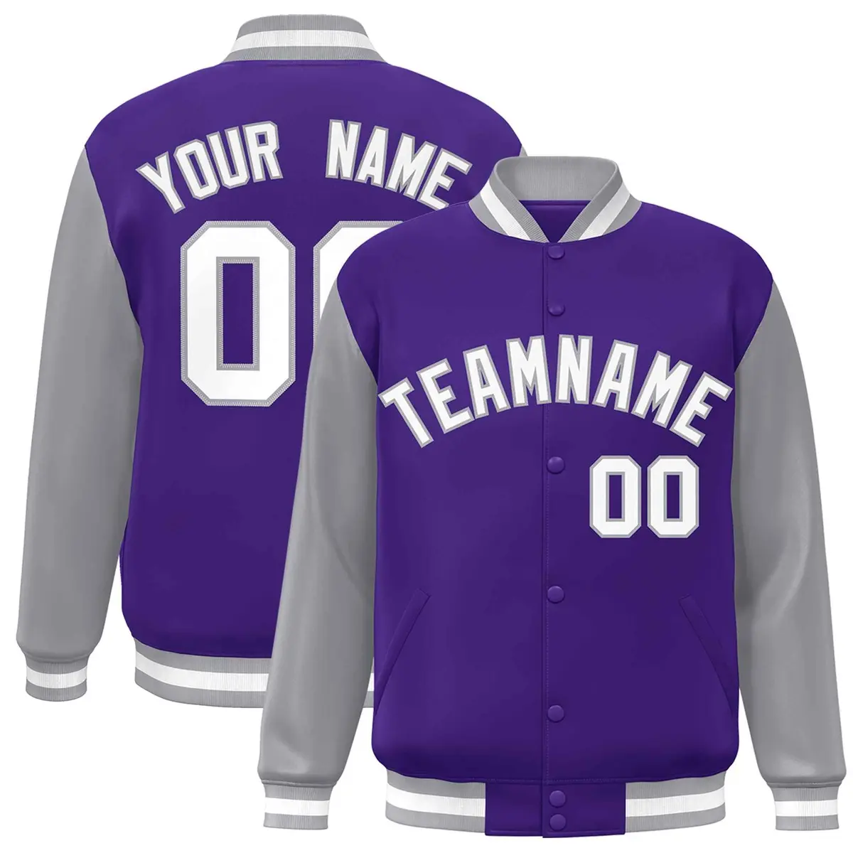 Purple White-Gray Raglan Varsity Full-Snap Letterman Jacket