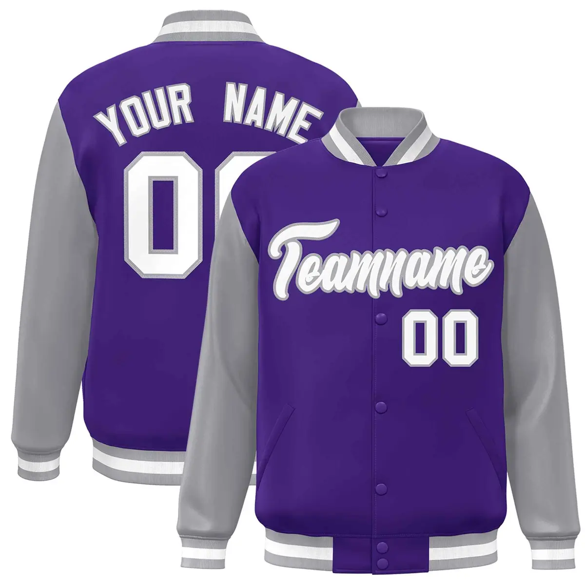 Purple White-Gray Raglan Varsity Full-Snap Letterman Jacket