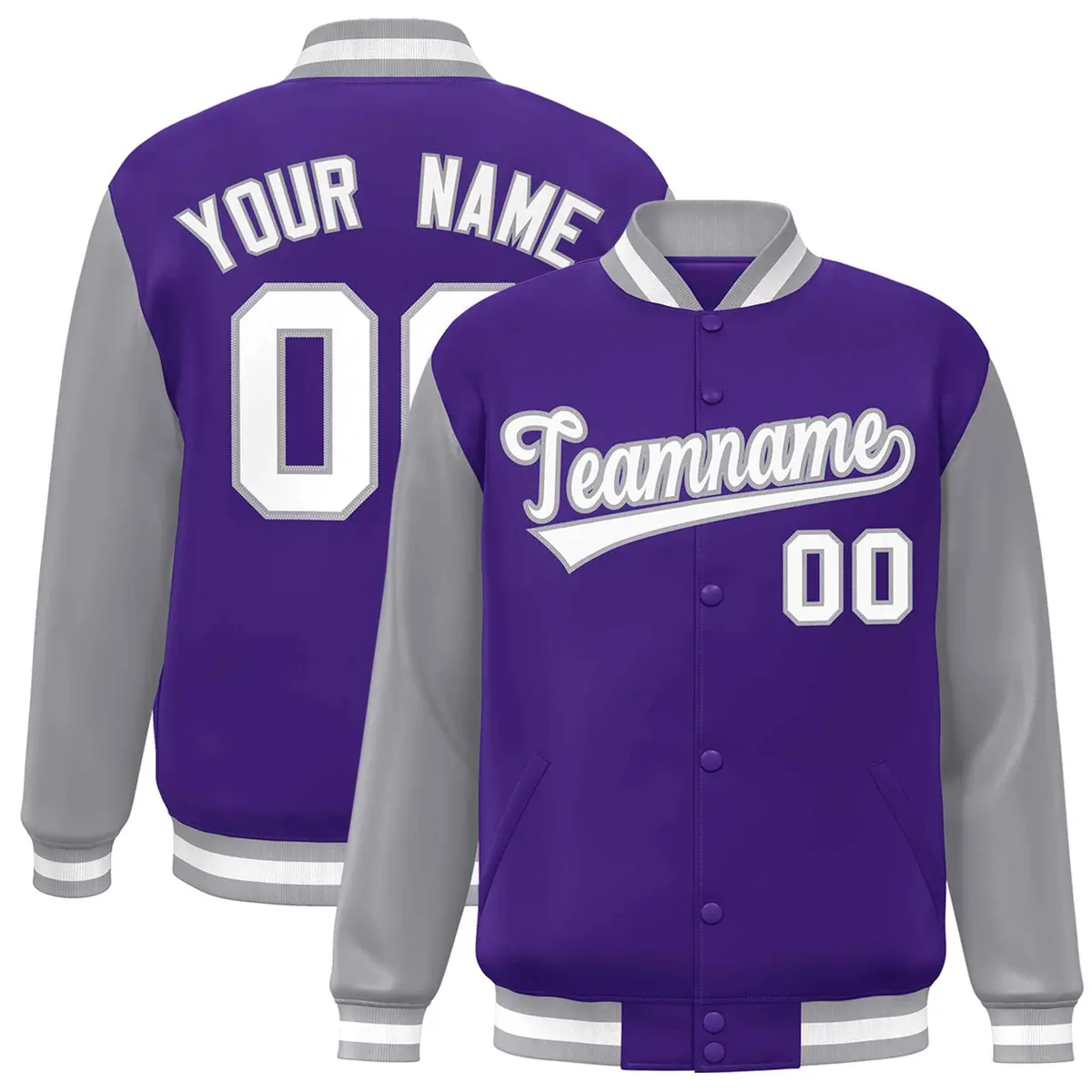 Purple White-Gray Raglan Varsity Full-Snap Letterman Jacket