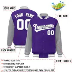 Purple White-Gray Raglan Varsity Full-Snap Letterman Jacket 2