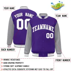 Purple White-Gray Raglan Varsity Full-Snap Letterman Jacket 2