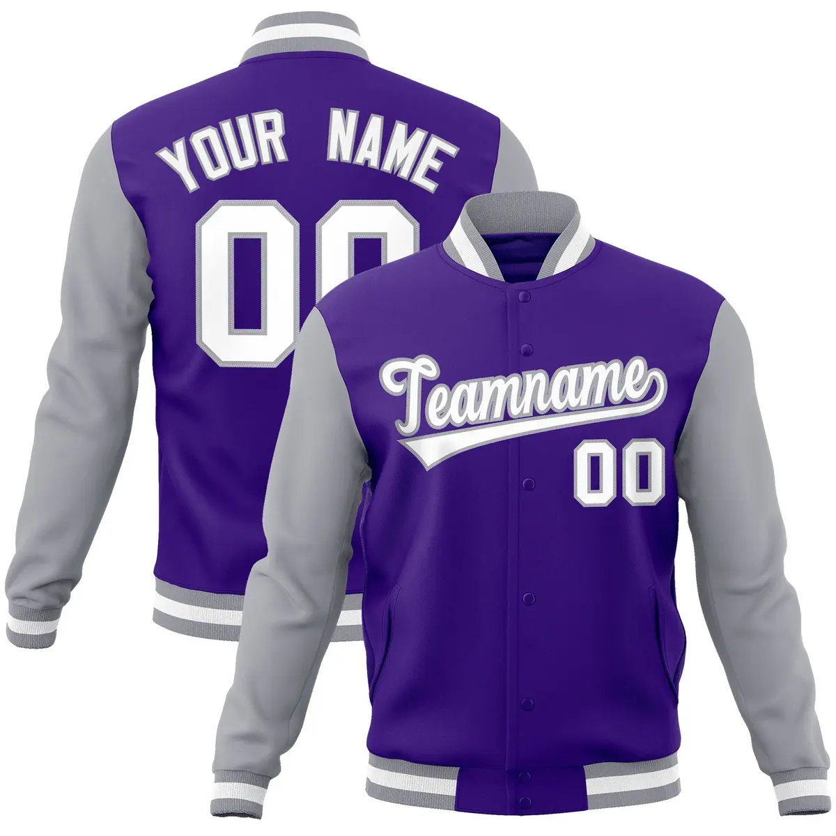 Purple White-Gray Raglan Varsity Full-Snap Letterman Jacket