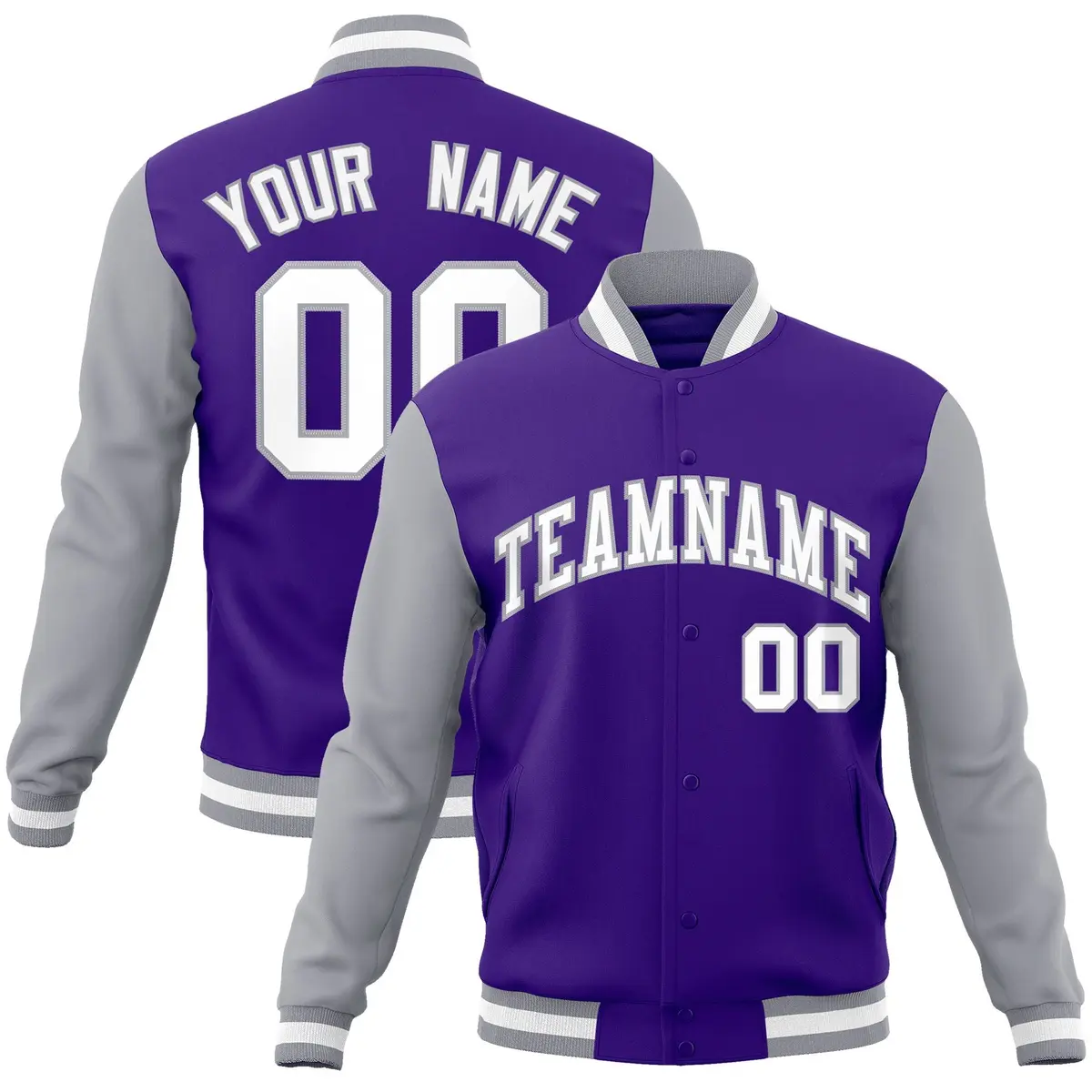 Purple White-Gray Raglan Varsity Full-Snap Letterman Jacket