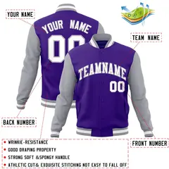 Purple White-Gray Raglan Varsity Full-Snap Letterman Jacket 4
