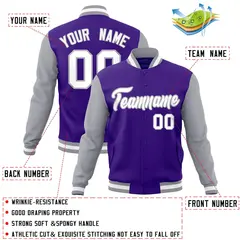 Purple White-Gray Raglan Varsity Full-Snap Letterman Jacket 4