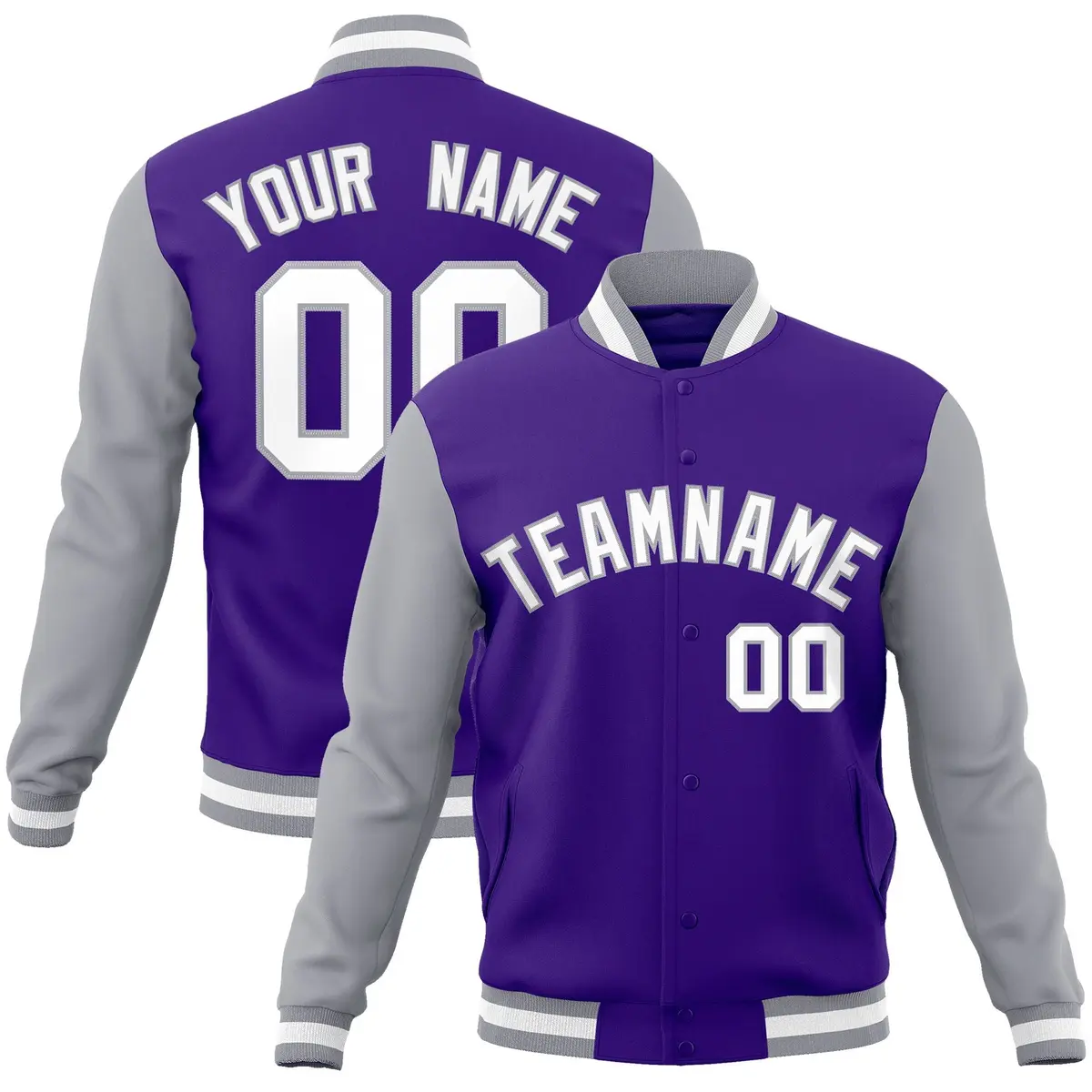Purple White-Gray Raglan Varsity Full-Snap Letterman Jacket