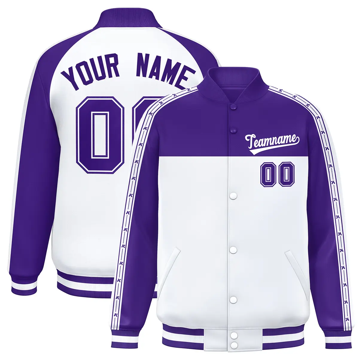 Purple White K-Ribbon Raglan Full-Snap Color Block Letterman Jacket