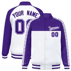 Purple White K-Ribbon Raglan Full-Snap Color Block Letterman Jacket 1