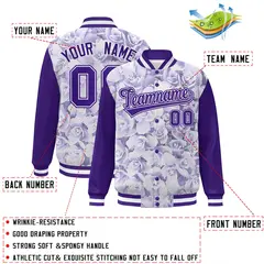 Purple White Maple Leaf Graffiti Raglan Bomber Varsity Jacket 2