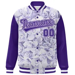 Purple White Maple Leaf Graffiti Raglan Bomber Varsity Jacket 3