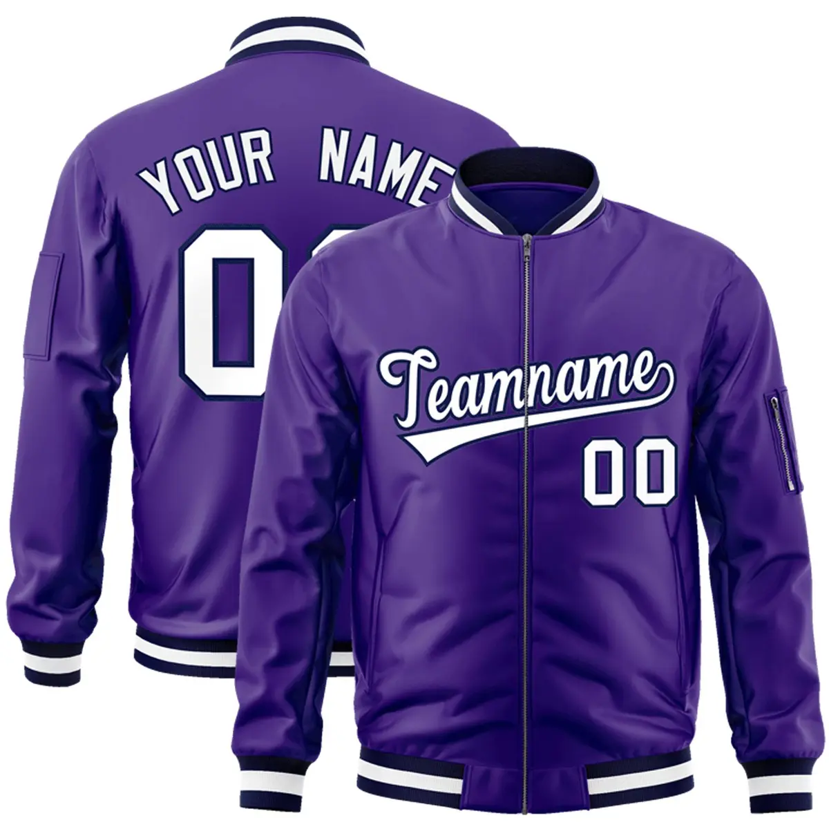 Purple White-Navy Varsity Full-Zip Letterman Bomber Jacket