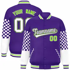 Purple White-Neon Green Checkered Color Block Bomber Varsity Jacket