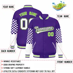 Purple White-Neon Green Checkered Color Block Bomber Varsity Jacket 2
