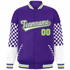 Purple White-Neon Green Checkered Color Block Bomber Varsity Jacket 3