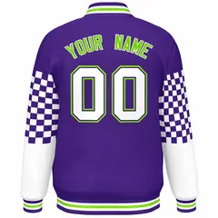 Purple White-Neon Green Checkered Color Block Bomber Varsity Jacket 4