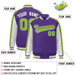 Purple White-Neon Green Color Block Varsity Bomber Baseball Jacket 2