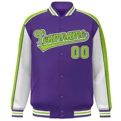 Purple White-Neon Green Color Block Varsity Bomber Baseball Jacket 3