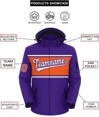 Purple White-Orange Color Block Hooded Waterproof Jacket 2
