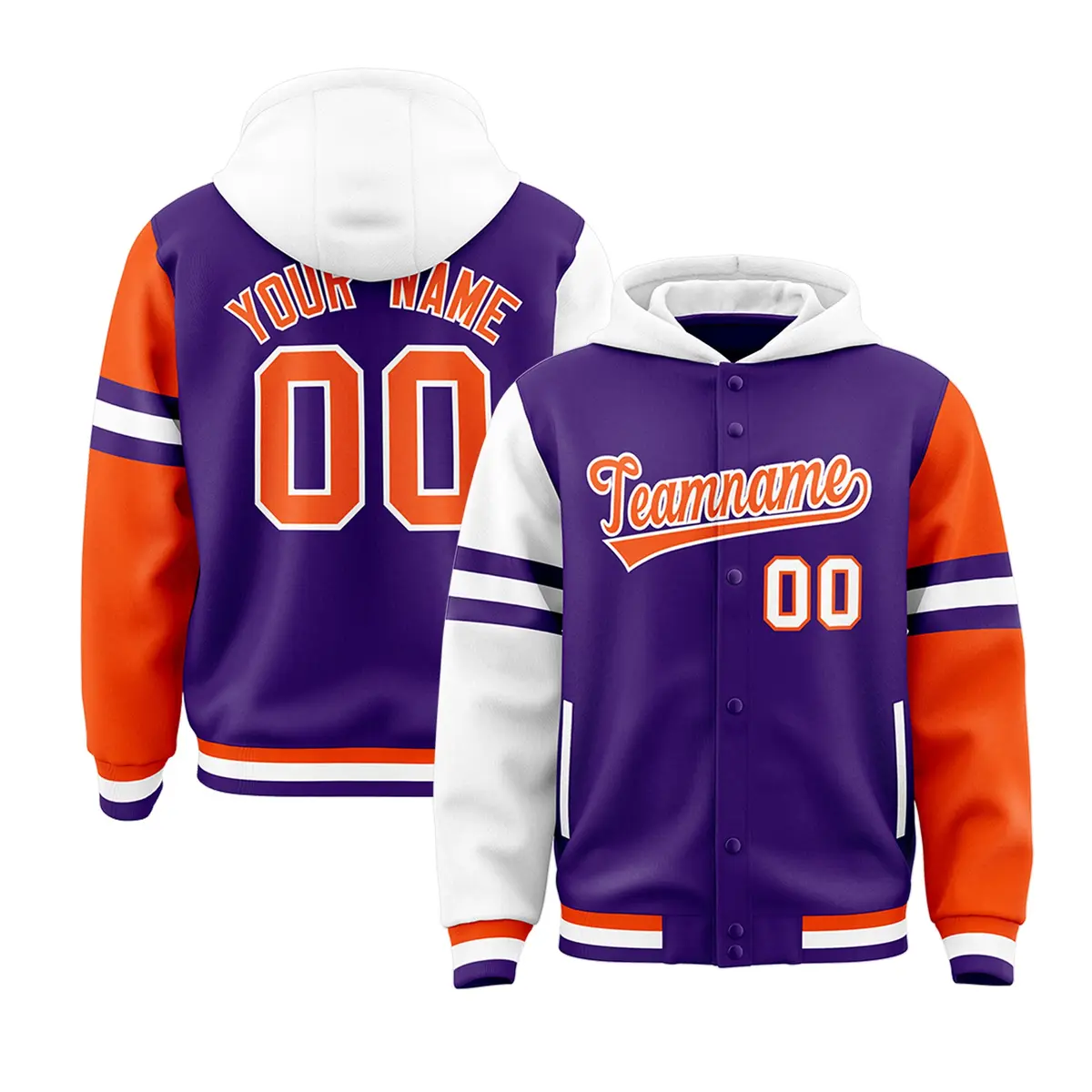 Purple White-Orange Raglan Three Stripes Varsity Letterman Jacket Hoodie