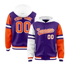 Purple White-Orange Raglan Three Stripes Varsity Letterman Jacket Hoodie 1