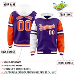 Purple White-Orange Raglan Three Stripes Varsity Letterman Jacket Hoodie 3