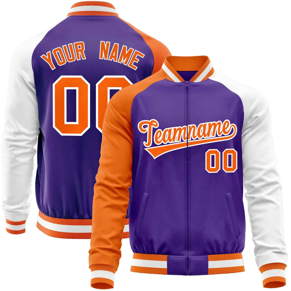 Purple White-Orange Varsity Full-Zip Raglan Letterman Baseball Jacket
