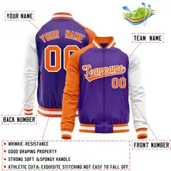 Purple White-Orange Varsity Full-Zip Raglan Letterman Baseball Jacket 4
