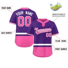 Purple White-Pink Color Block Two-Button Softball Jersey 2