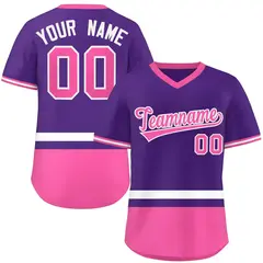 Purple White-Pink Color Block V-Neck Baseball Jersey