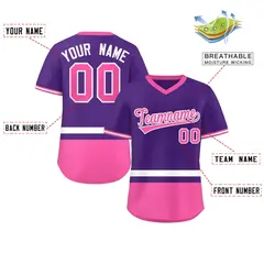 Purple White-Pink Color Block V-Neck Baseball Jersey 2