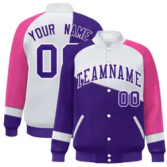 Purple White-Pink Color Block Varsity Full-Snap Baseball Jacket