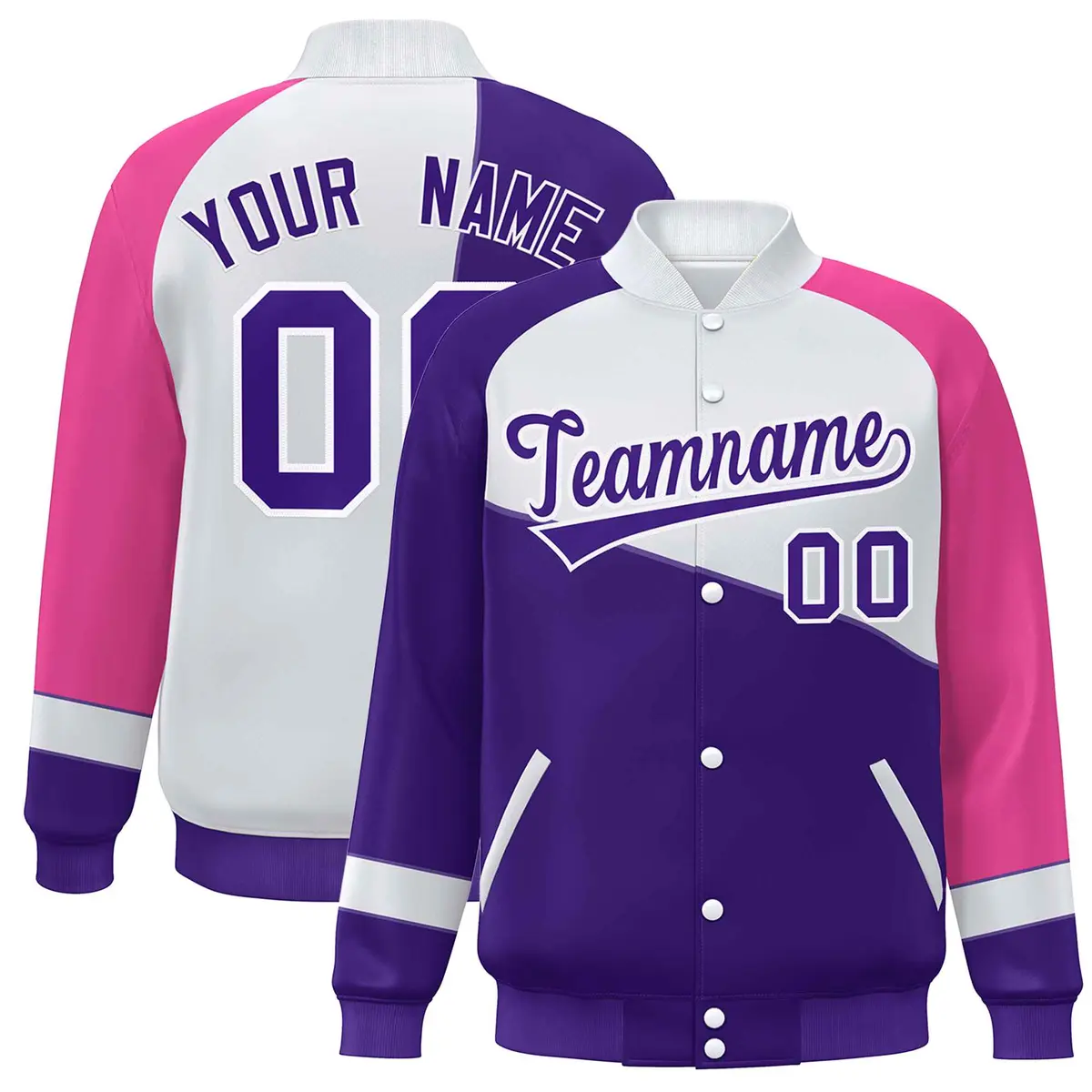 Purple White-Pink Color Block Varsity Full-Snap Baseball Jacket