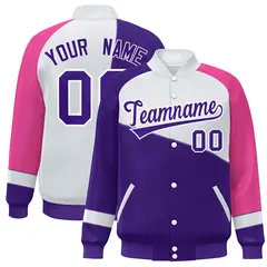 Purple White-Pink Color Block Varsity Full-Snap Baseball Jacket